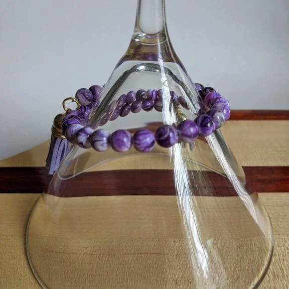 Purple jasper memory wire fashion bracelet with tassels - Picture 2 of 2